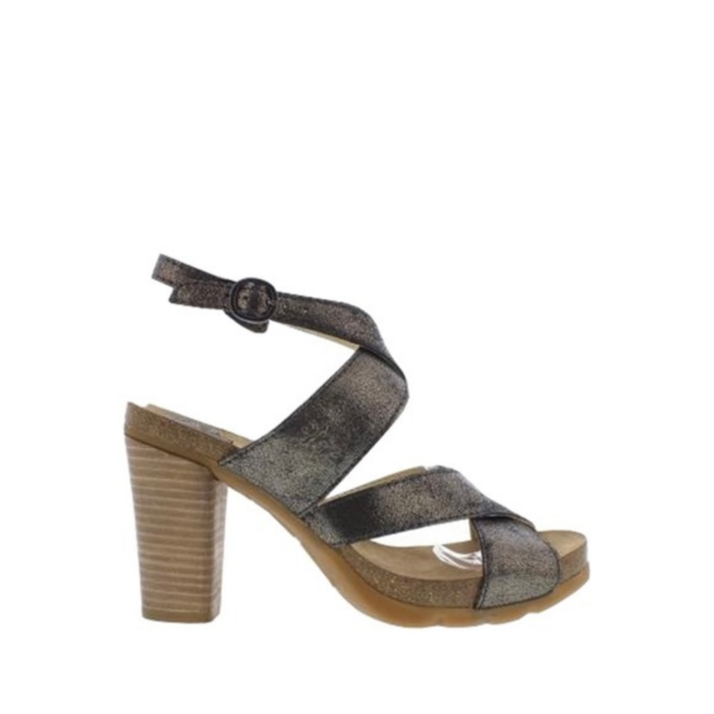 NEW Fly London Metallic Leather Platform Block Heel Sandals